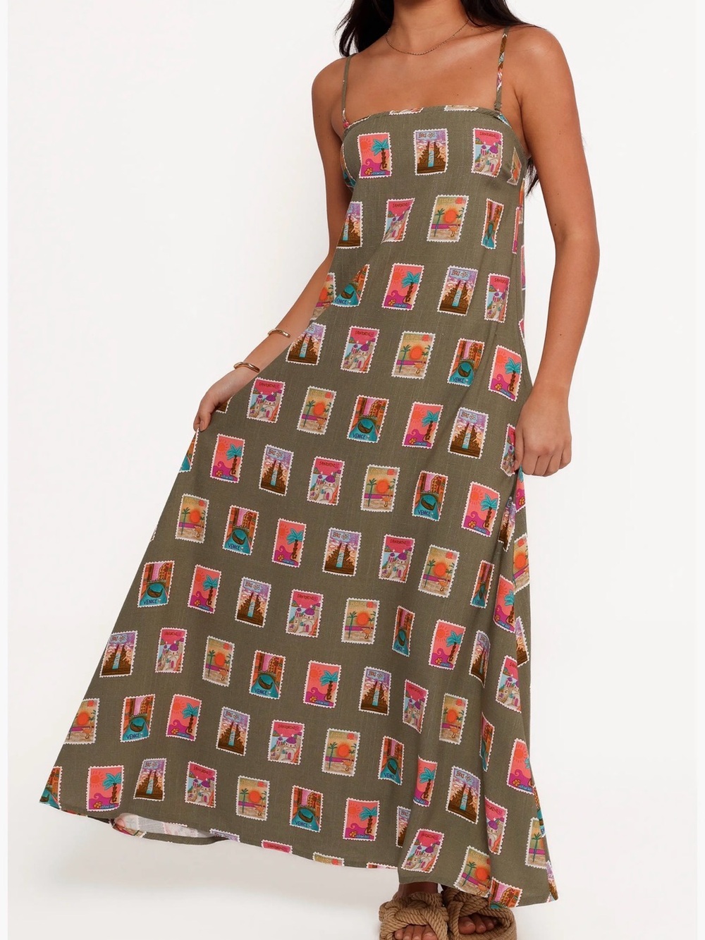 Petal & Pup Olive Maxi Dress with Pink and Teal Postcard Print